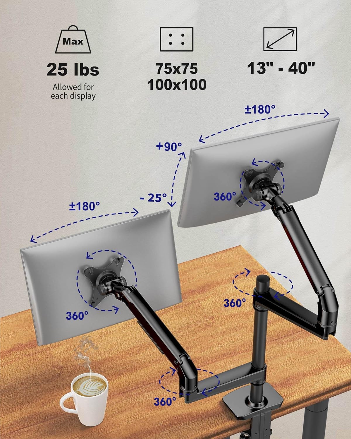 ErgoUnion Dual Monitor Stand for Desk, Vertical Dual Monitor Mount with Wide Range of Motion, Dual Monitor Arm for 17-40" Screen up to 25 lbs Each, Computer Monitor Stand for 2 Monitors - Black