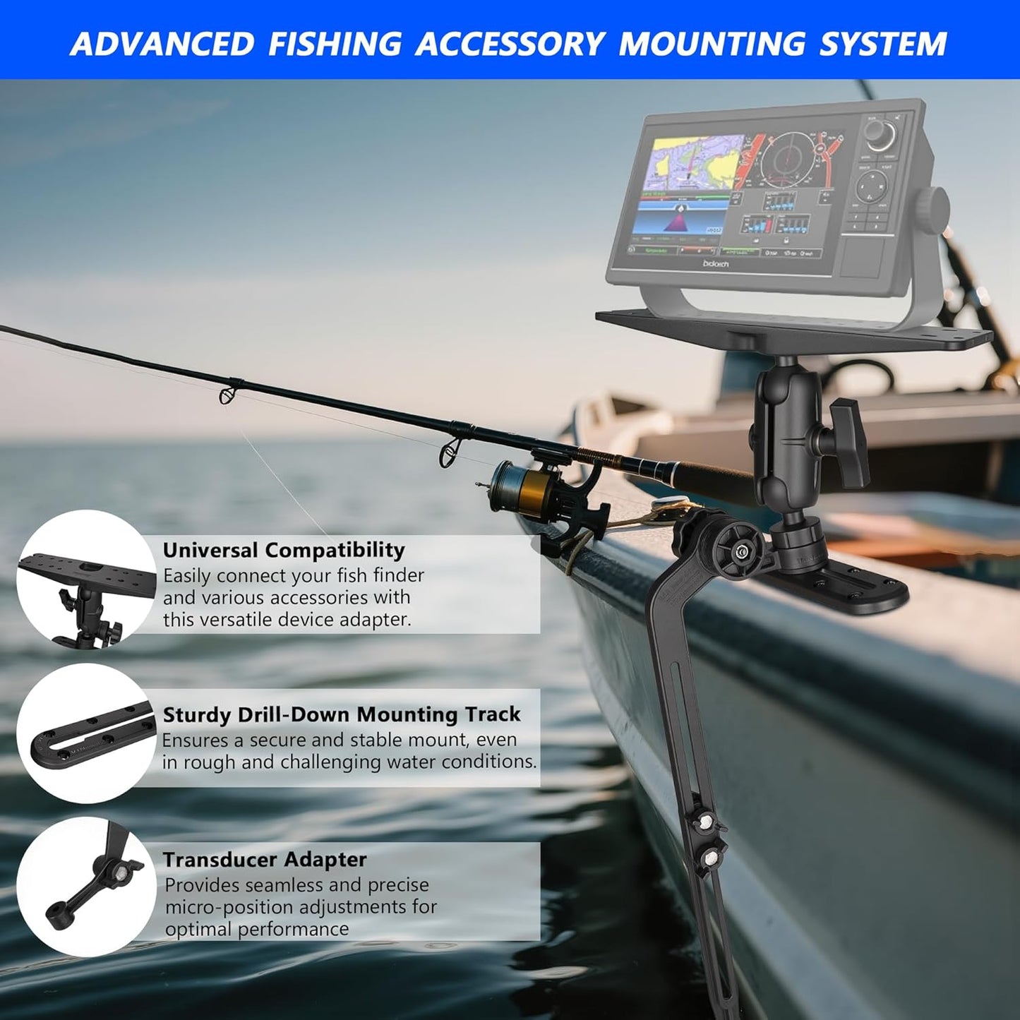 Velpaw 1.5" Ball Kayak Fish Finder Mount with Transducer Mounting Arm, Marine Electronic Mount Plate with Low Profile Track, Compatible with RAM Mounts, Scotty, Lowrance, Garmin