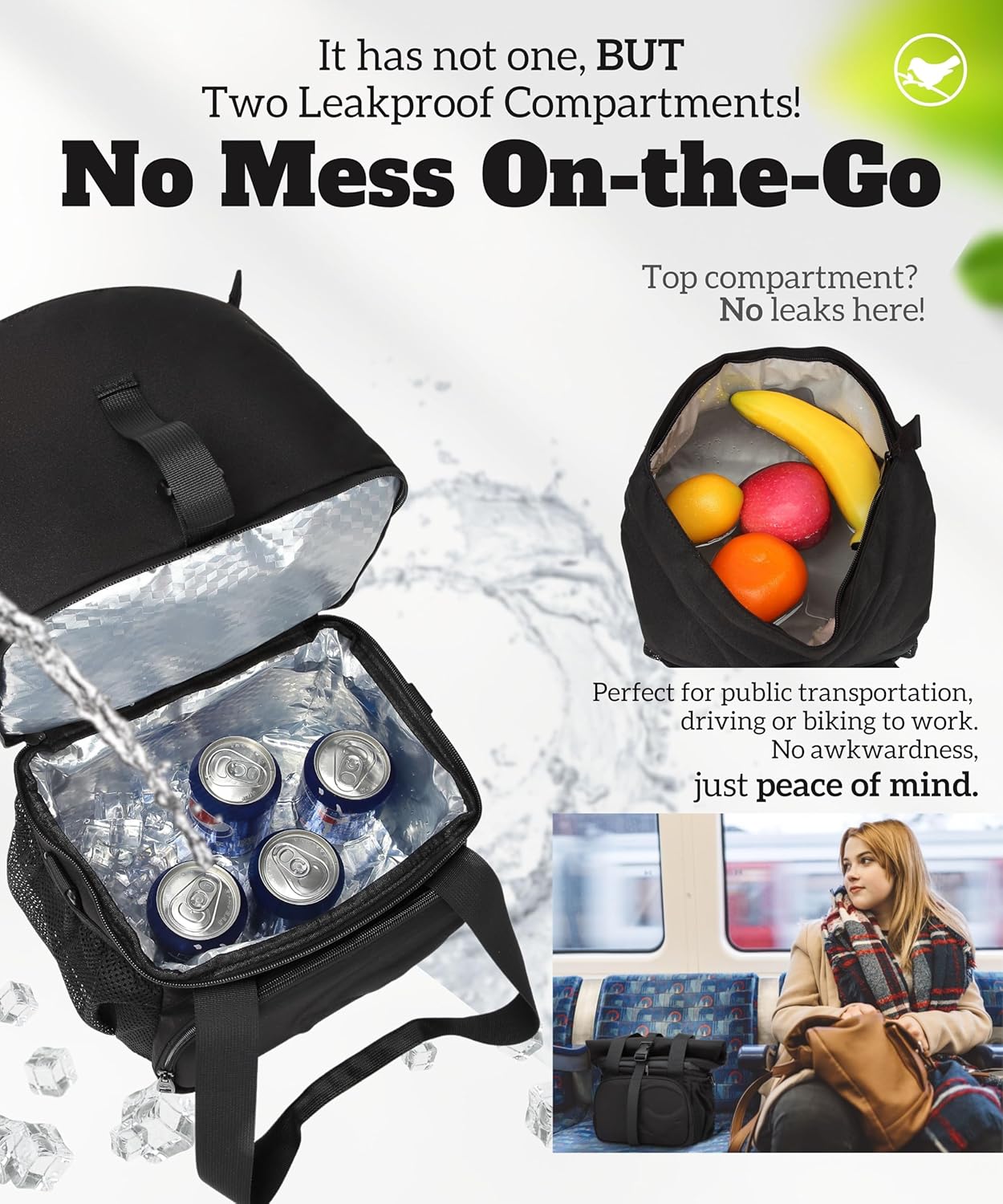 SUNNY BIRD Dual Compartment Lunch Bag Insulated Lunch Box for Women and Men (Green with Boho Strap)