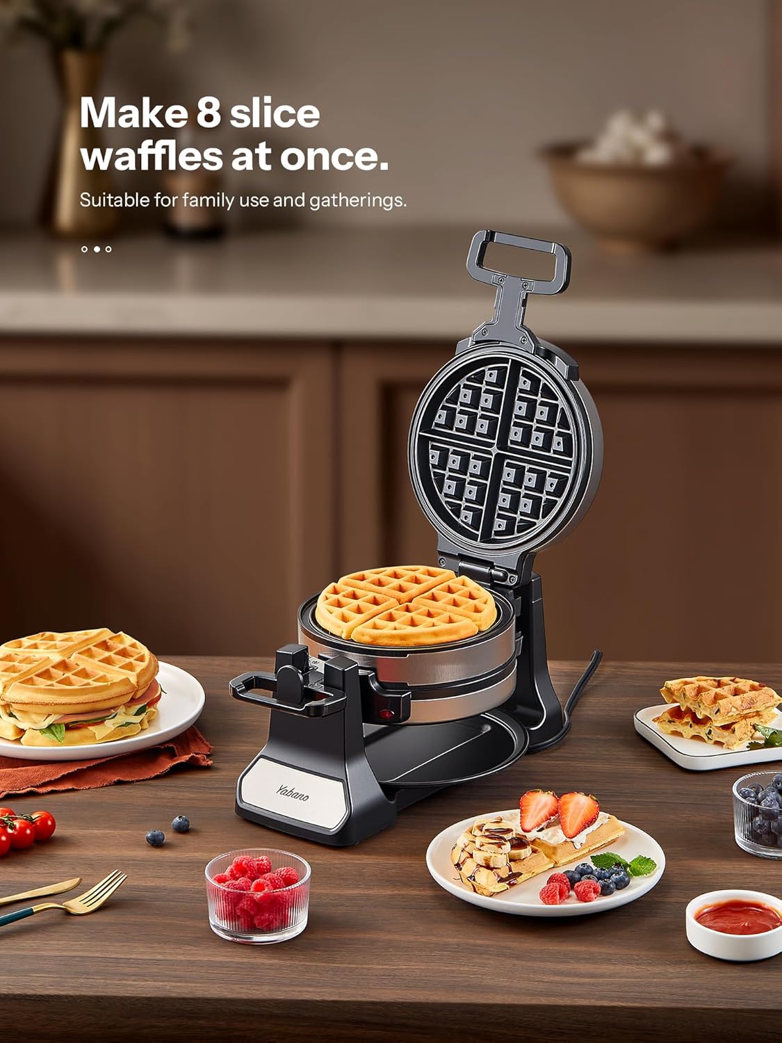 Belgian Waffle Maker with Double Waffle Plate, Yabano Rotating Waffle Iron with Nonstick Plates, Removable Drip Tray and Cool Touch Handles, Gaufrier Belge, Stainless Steel