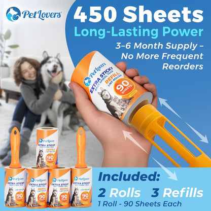 PetLovers Extra Sticky Lint Roller Mega Value Set for Pet Hair Removal, Dog and Cat Lint Remover (1 Pack Reusable)