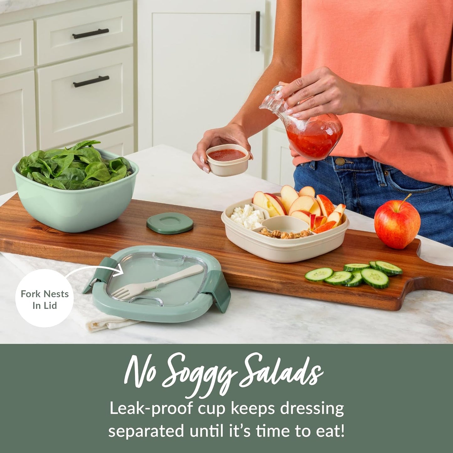 Bentgo Salad - Stackable Lunch Container with Large 54-oz Salad Bowl, 4-Compartment Bento-Style Tray for Toppings, 3-oz Sauce Container for Dressings, Built-in Reusable Fork & BPA-Free (Khaki Green)