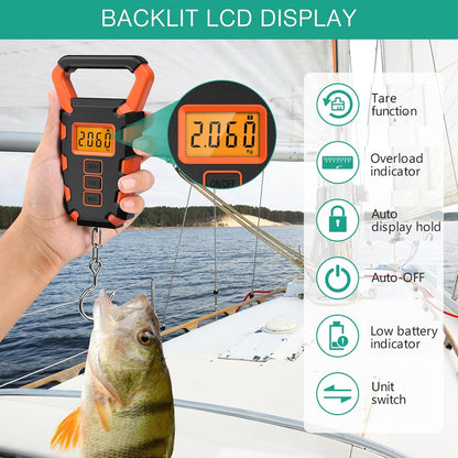 ORIA Fish Scale Digital, Fishing Scale, Fish Scale with Ruler and Fish Gripper, 110lb/50kg Baggage Weighing Scale, Backlit LCD Display (Orange)