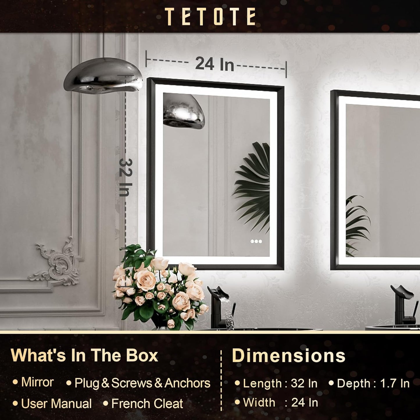 TETOTE 28x36 LED Mirror for Bathroom Black Metal Frame Frontlit & Backlit Lighted Vanity Mirror Baroque Gothic Anti Fog Stepless Dimmable White/Warm/Natural,Wall Mounted(Horizontal/Vertical)