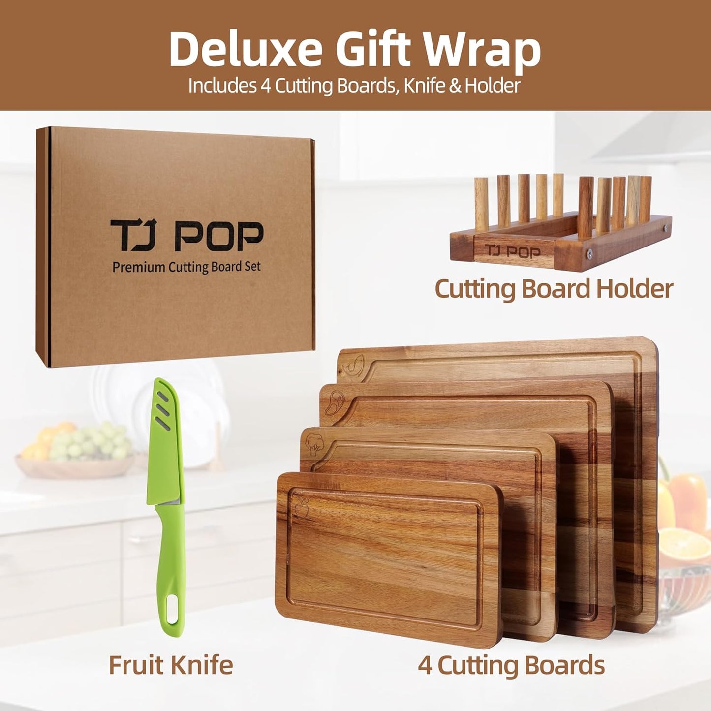 Bamboo Cutting Board for Kitchen, Bamboo Cutting Board Set of 3 with Juice Groove, Double-Sided Chopping Board Serving Board with Hanging Hole for Meat, Vegetables and Cheese