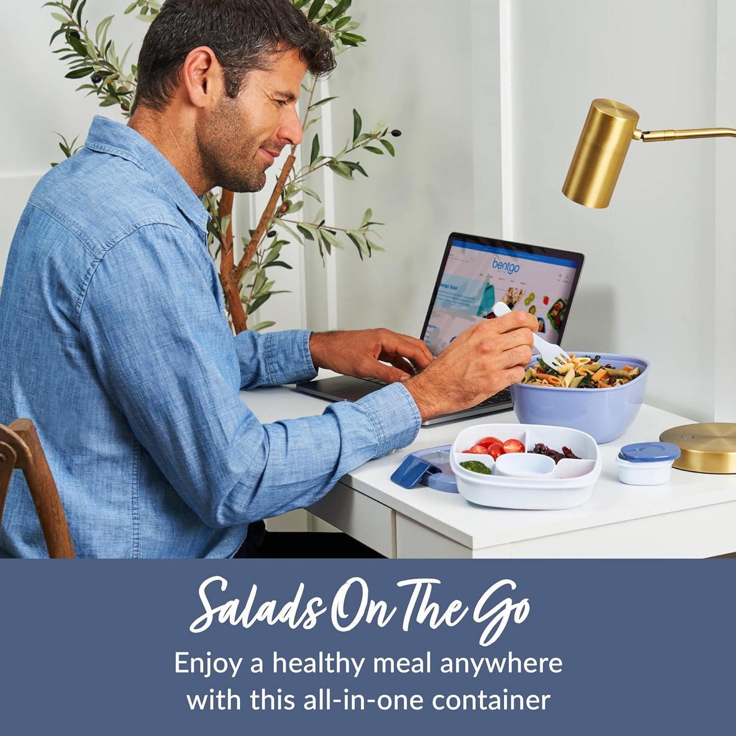 Bentgo Salad - Stackable Lunch Container with Large 54-oz Salad Bowl, 4-Compartment Bento-Style Tray for Toppings, 3-oz Sauce Container for Dressings, Built-in Reusable Fork & BPA-Free (Khaki Green)