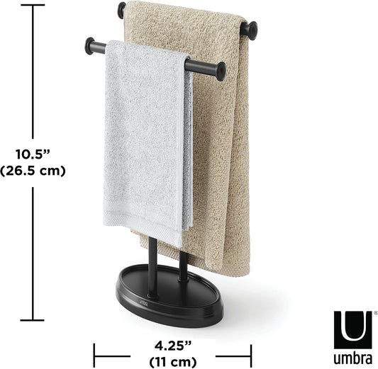 Umbra Palm Double Hand Towel Tree, Brushed Nickel 2 Towels Holder and Accessories Stand for Bathroom Vanities - Slim, Modern, Durable Bars with Base Serves as a Jewelry Tray for Rings