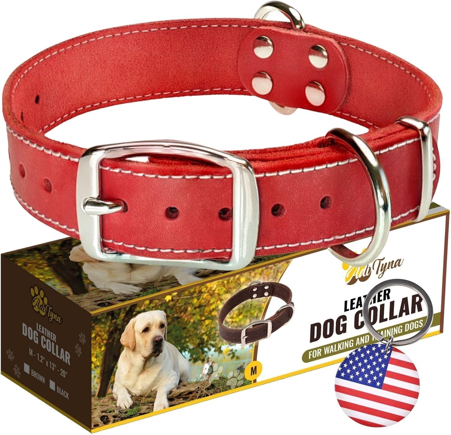 ADITYNA Heavy-Duty Leather Dog Collar for Medium Dogs - Soft and Strong, 100% Genuine Leather - Collier Pour Chien (Medium: Fit 13" - 20" Neck, Brown)
