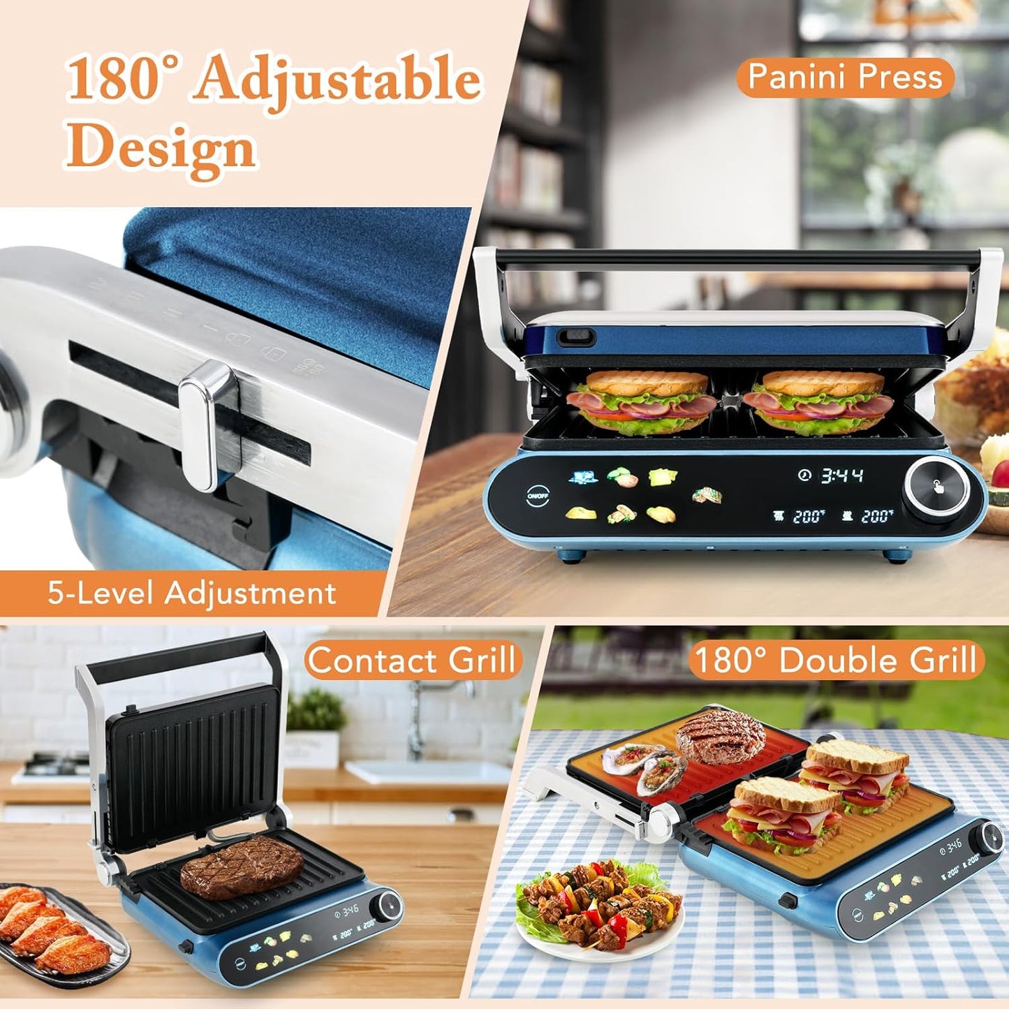 COSTWAY Panini Press, 1200W Sandwich Maker with LED Touch Panel, Non-Stick Coated Plates & Removable Drip Tray, 180 Degrees with 7 Grilling Modes for any Thickness for Quesadillas, Burgers & More