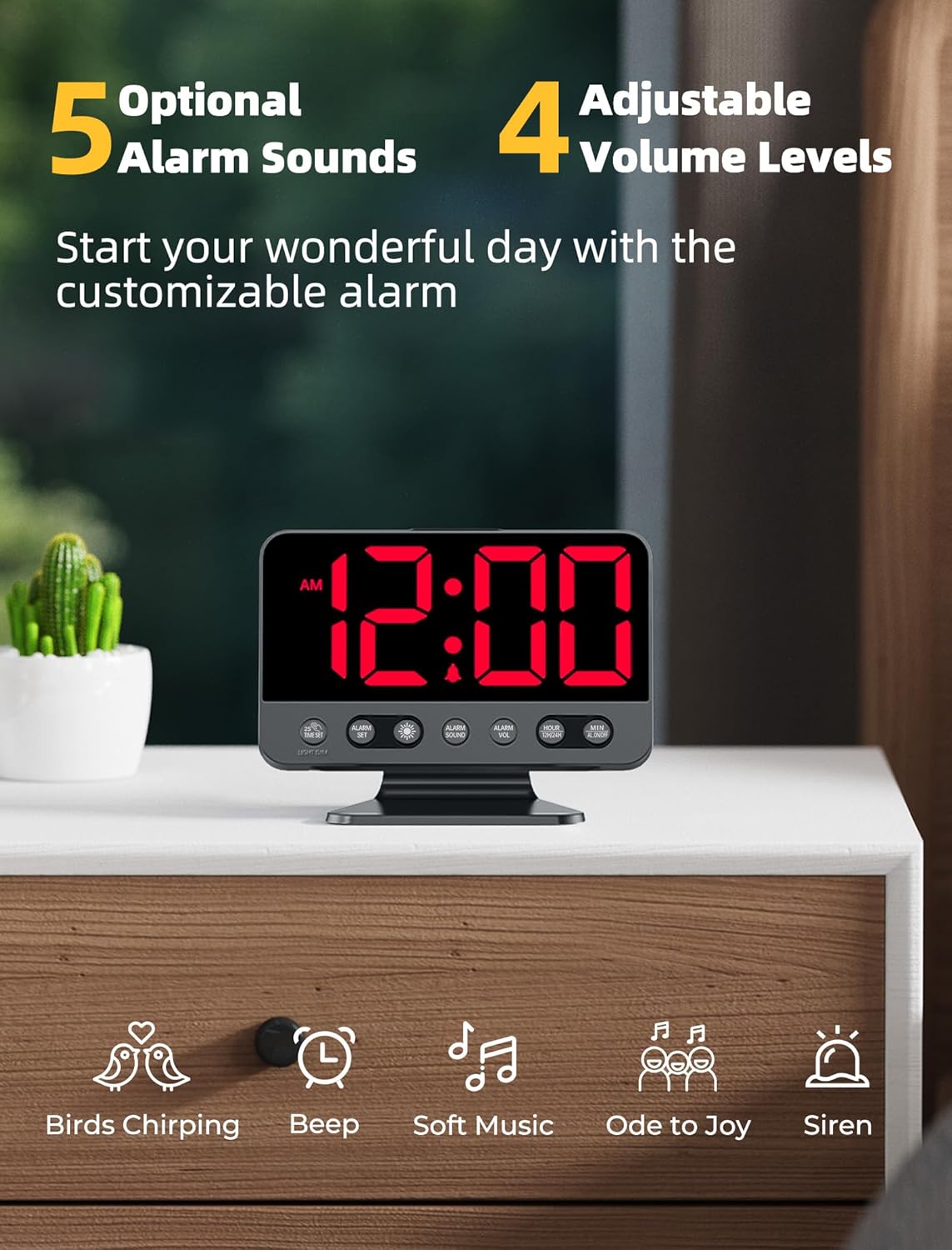 Odokee Digital Alarm Clocks for Bedrooms: Large Bold Number 5 Brightness Dimmer - Easy to Read Across The Room - 5 Alarm Sound 8 Night Light - Silver