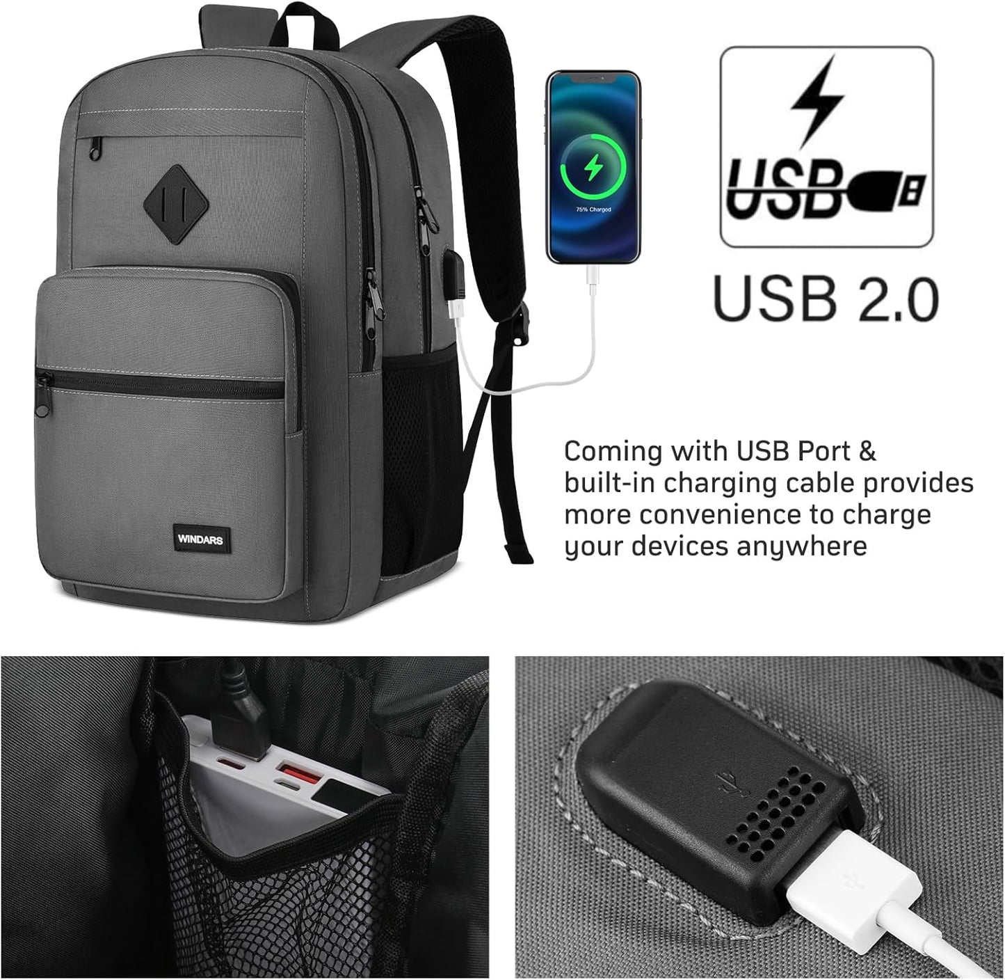 Black Backpack for Men Women, Durable Casual School Backpacks Teens Boys and Girls Classic 15.6 Inch Laptop Bookbag with USB Charger for College High School Work Travel