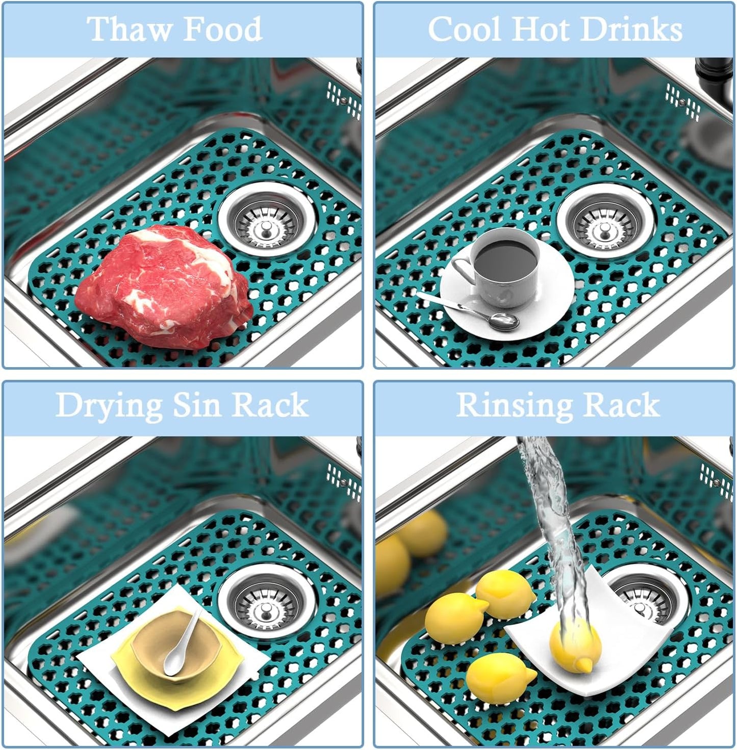 BEHOK 2 Pack Silicone Sink Protector for Kitchen Sink Bathroom Sink 13.58"x 11.6" Sink Mat, Non-Slip and Durable Silicone Sink Grid, Rear Drain (Gray)