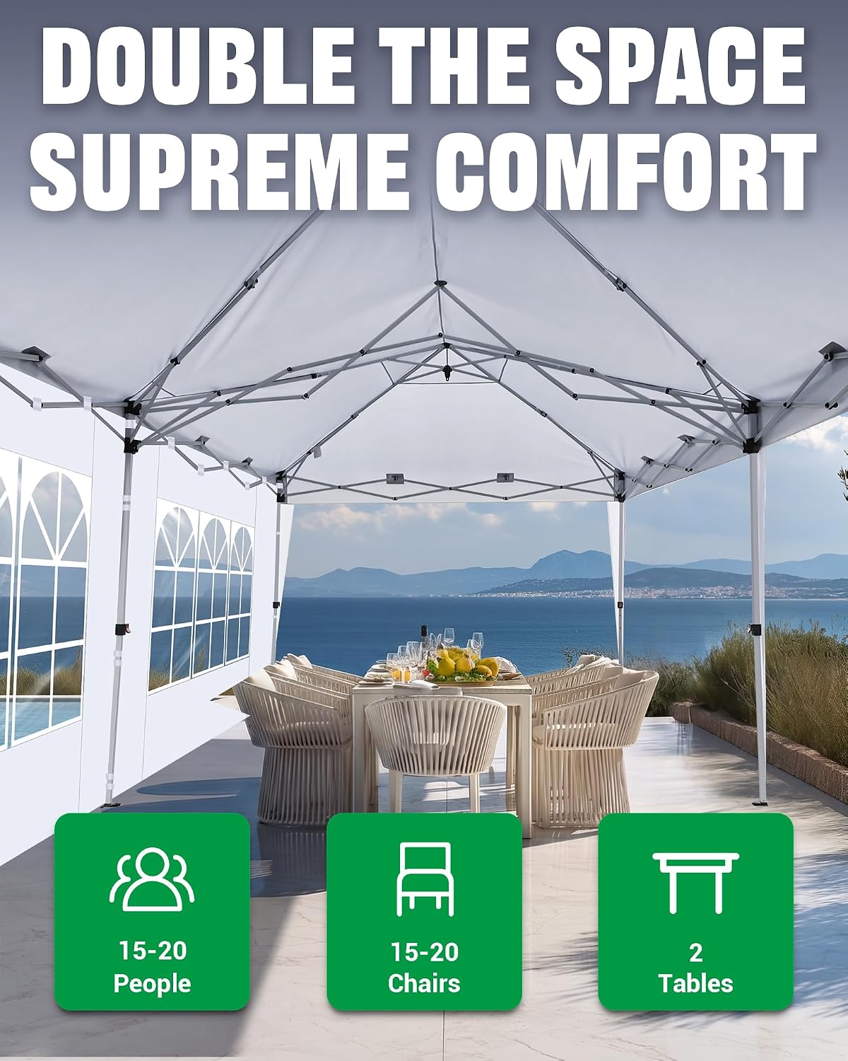 Acepic 10x20 Pop Up Canopy with 6 Removable Sidewalls, White, 10x20