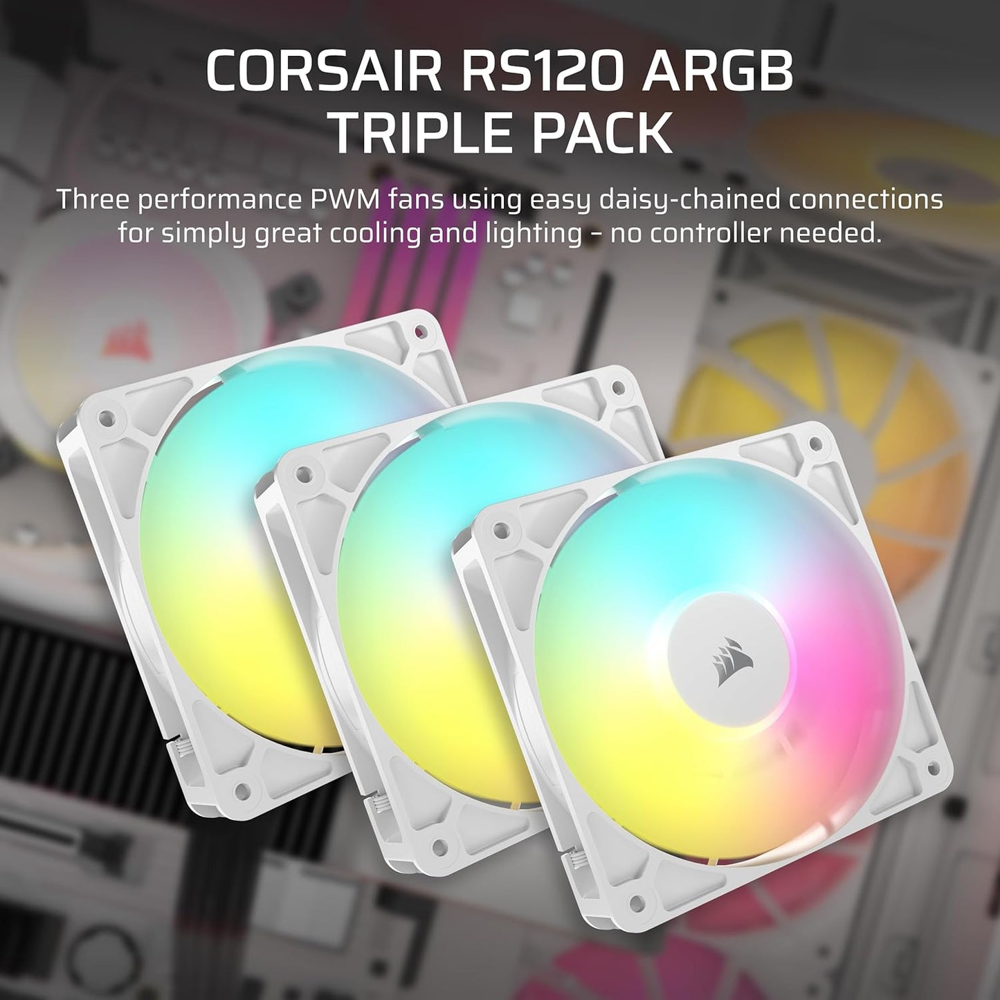 CORSAIR RS120 ARGB 120mm PWM Fan – Daisy-Chain Connection – Low-Noise – Magnetic Dome Bearing – Single Pack – White