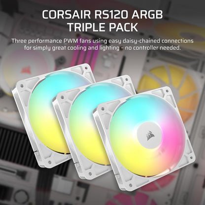CORSAIR RS120 ARGB 120mm PWM Fan – Daisy-Chain Connection – Low-Noise – Magnetic Dome Bearing – Single Pack – White