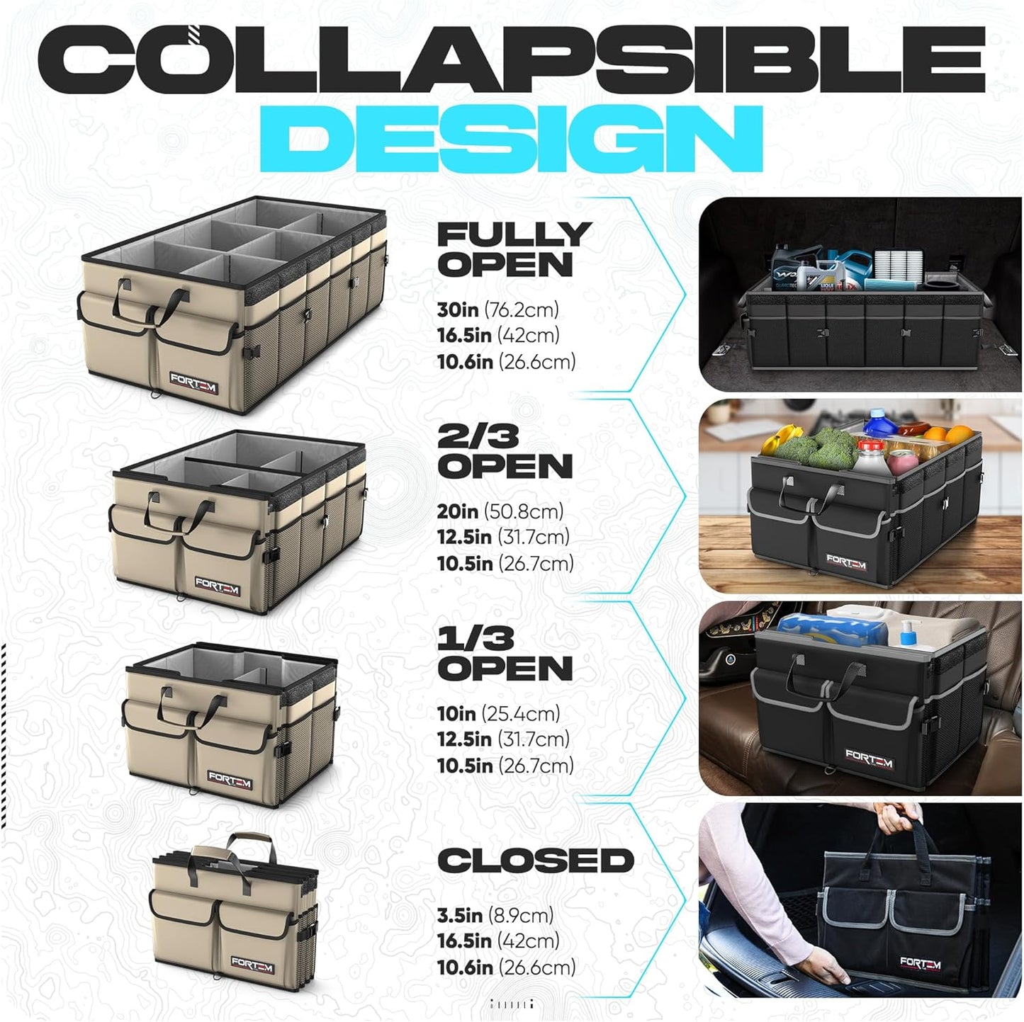 FORTEM Car Trunk Organizer, Collapsible Multi Compartment Car Organizer, Foldable SUV Storage for Car Accessories for Women Men, Non Slip Bottom, Securing Straps, Soft Cover 50L (Black, Standard)