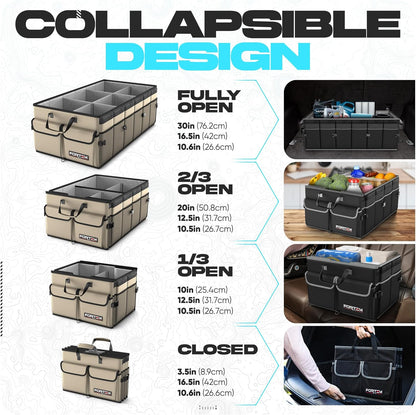FORTEM Car Trunk Organizer, Collapsible Multi Compartment Car Organizer, Foldable SUV Storage for Car Accessories for Women Men, Non Slip Bottom, Securing Straps, Soft Cover 50L (Black, Standard)