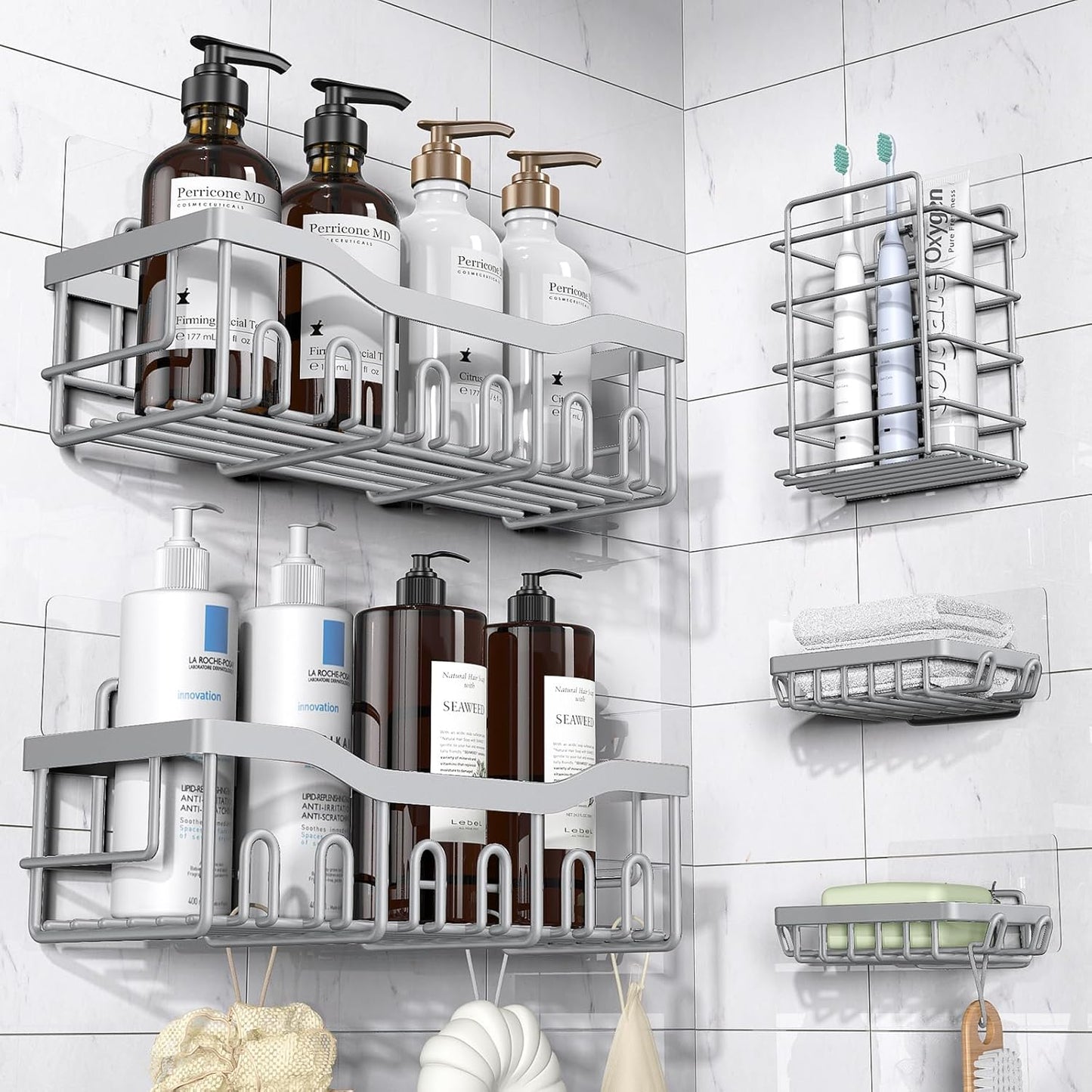 EUDELE 5-Pack Rustproof Stainless Steel Shower Caddy – No Drill Adhesive Bathroom Organizer with Large Capacity, Spacious Shower Shelves for Inside Shower, Kitchen & Home Decor Storage