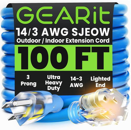 GEARit Outdoor 14 AWG Gauge 3 Prong Plug, Extension Cord, Ultra Heavy Duty SJEOW, 14/3, for Indoor/Outdoor, LED Lighted Plug, Resistant Rubber Jacket, Extreme Weather, 100 Feet, Blue