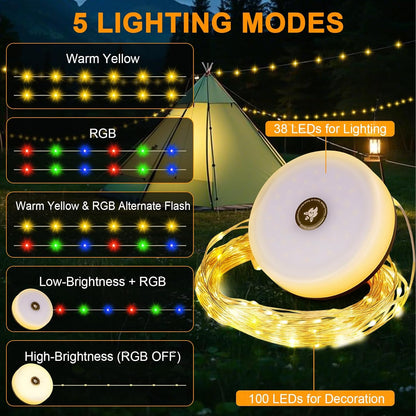 RISEMART Camping String Lights Retractable 33FT, Camping Lights with Solar Charging Waterproof Rollable String Lights Outdoor with 5 Lighting Modes for Tent Hiking Yard Party Festival Decoration
