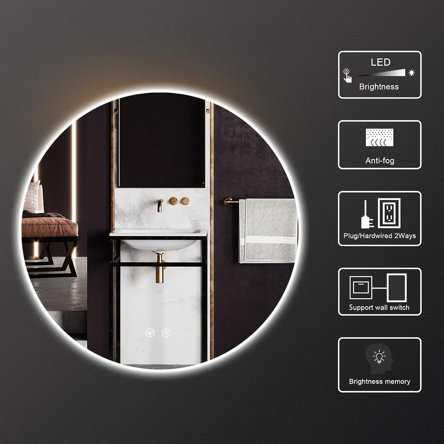 TETOTE 28 Inch Round LED Bathroom Vanity Mirror, Anti-Fog Dimmable Lights IP54 Waterproof Circle Makeup Wall Mounted Mirror