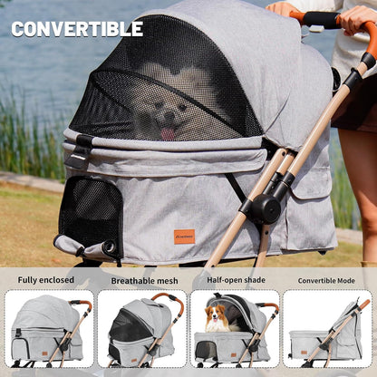 EchoSmile Pet Stroller for Dogs & Cats - One-Touch Foldable Design, Reversible Handle, Shock Absorbing Wheels, Large Pet Carrier Holds 3 Small/Medium Pets (50lbs), Removable Washable Pad & Storage Basket(Gray)