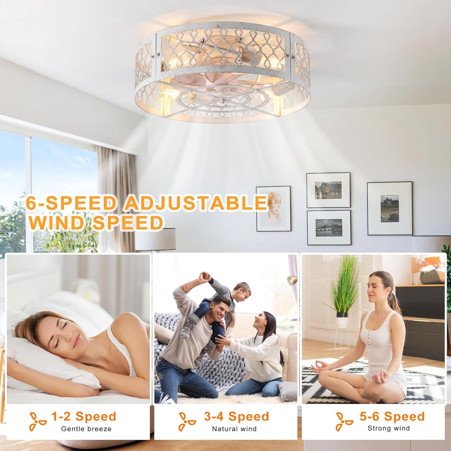 Garwarm Caged Low Profile Ceiling Fan with Lights and Remote, 20in Rustic Flush Mount Small Farmhouse Bladeless Ceiling Fan for Bedroom, Kitchen, Dining Room