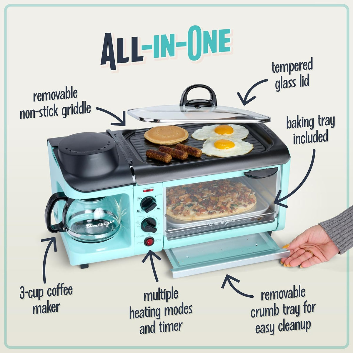 Nostalgia Retro 3-in-1 Family Size Electric Breakfast Station, Non Stick Die Cast Grill/Griddle, 4 Slice Toaster Oven, Coffee Maker, Aqua