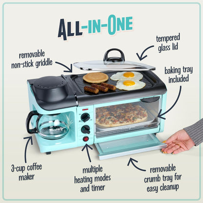 Nostalgia Retro 3-in-1 Family Size Electric Breakfast Station, Non Stick Die Cast Grill/Griddle, 4 Slice Toaster Oven, Coffee Maker, Aqua