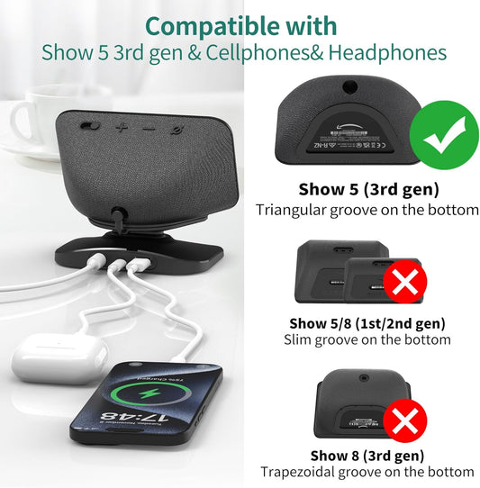 PlusAcc Stand for Show 5 3rd Gen - Adjustable Tilt Magnetic Stand Mount with USB-C and USB-A Charging Port | Compatible with Cellphones and Earbuds | Anti-Slip Base | Black - PuriLite