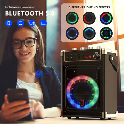 JYX Karaoke Machine with Two Wireless Microphones, Portable Bluetooth Speaker with Bass/Treble Adjustment, Remote Control and LED Lights, Supports TF Card/USB, AUX in, FM, REC for Party