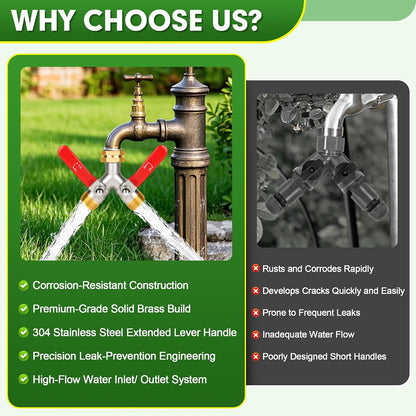 Hose Splitter 2 Way, Garden Hose Splitters, 3/4” GHT Inlet Brass Heavy Duty Hose Converter, Water 2 Way Faucet Hose Splitter, Long Handle Hose Valve Large Outlet.