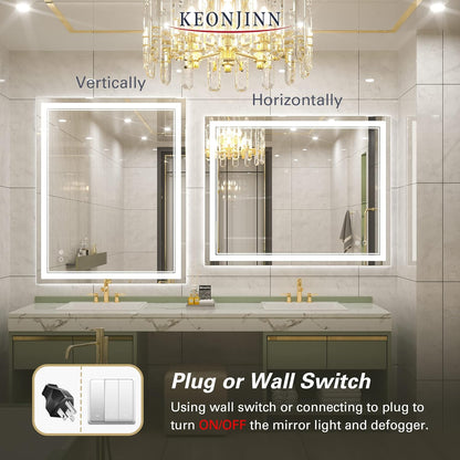 Keonjinn 40 x 24 Inch LED Mirror, Bathroom Mirror with Lights, LED Vanity Mirror, Wall Mounted Anti-Fog Dimmable Lighted Makeup Mirror for Bedroom, IP54 Waterproof (Horizontal/Vertical)