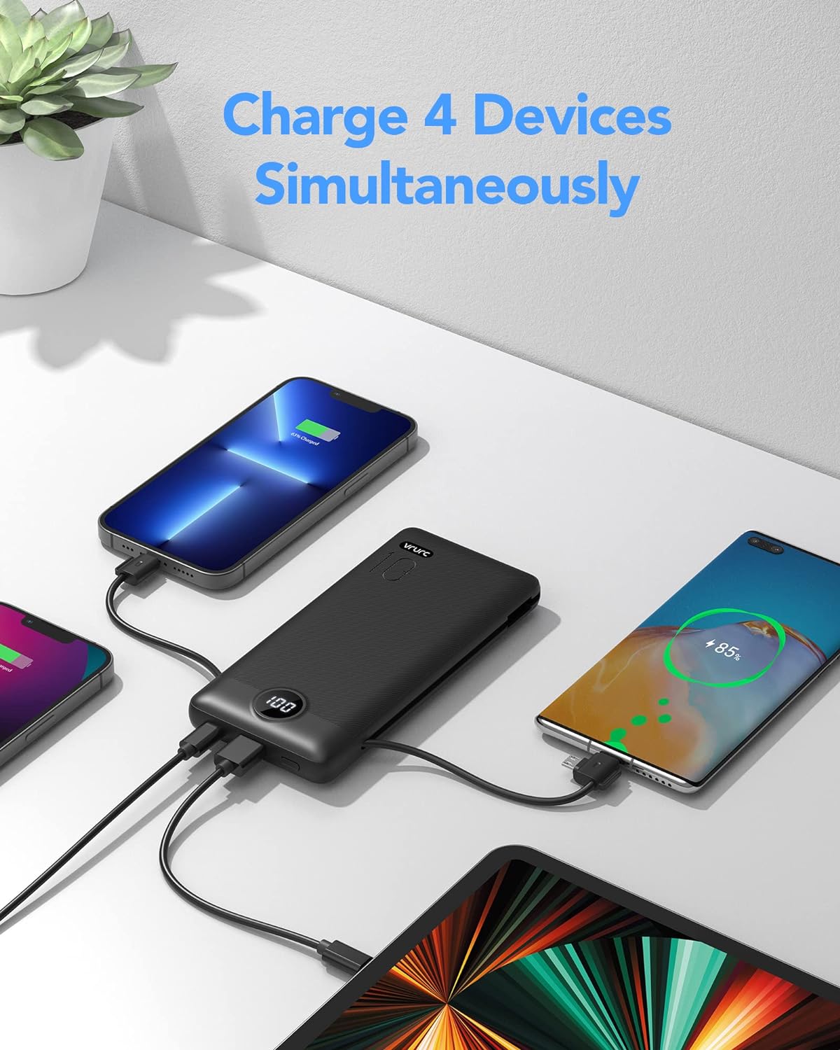Portable Charger for iPhone, 10000mAh Power Bank with Built-in Cables & AC Wall Plug, USB C Phone Charger 5 Output External Battery Pack Compatible with iPhone Samsung Google Pixel Android -White