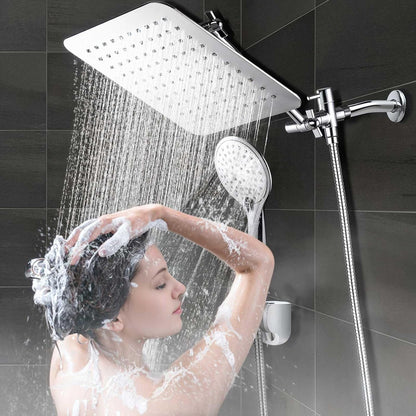 COSYLAND Rain Shower Head with Handheld - 304 Stainless Steel High Pressure 8 inch Square Rainfall Showerhead Combo with 5 Spray Mode 11 inch Extension Adjustable Arm & 60 inch Hose - Chrome