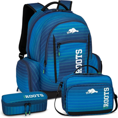 Roots Original 3-in-1 Matching Water Resistant Backpack and Lunch Bag Set with Bonus Pencil Case - Made From 100% Recycled Fabrics - 33 litres, Blue, Large
