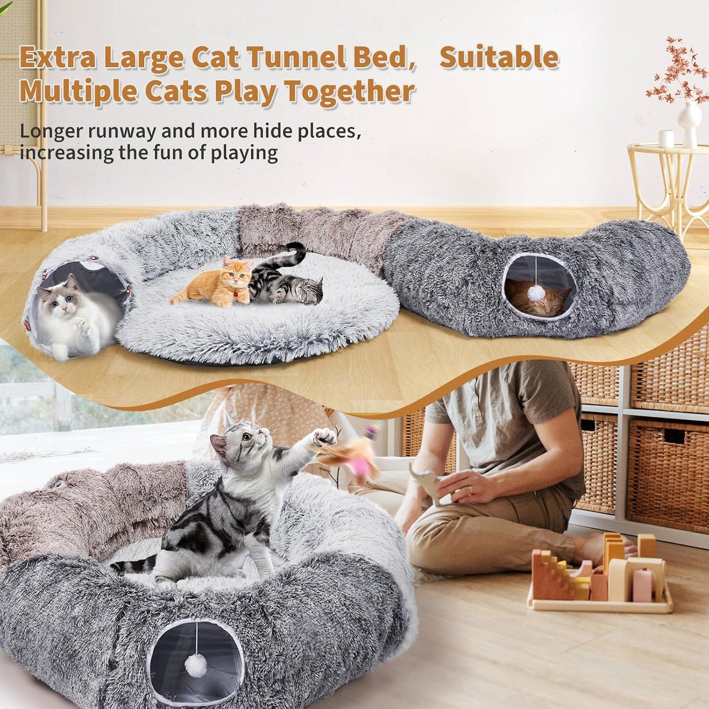 Odoland Extra Large Cat Tunnels for Indoor Cats, Fluffy Cat Bed with Toys | Collapsible Donut Cat Tube for Kittens,Small Animal Chewing Playing