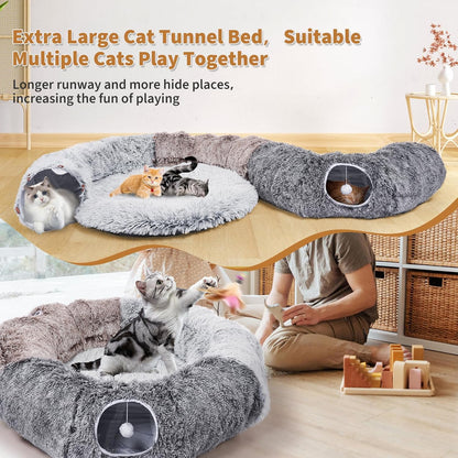 Odoland Extra Large Cat Tunnels for Indoor Cats, Fluffy Cat Bed with Toys | Collapsible Donut Cat Tube for Kittens,Small Animal Chewing Playing