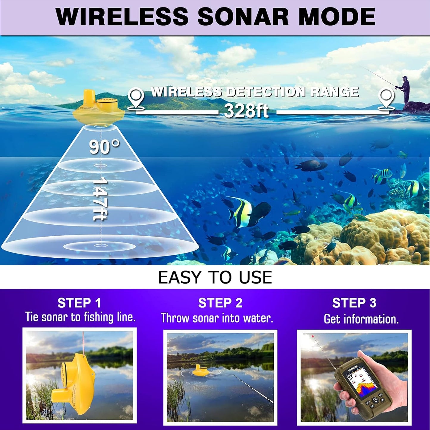 LUCKYLAKER Sensor Handheld Fish Finder Water LCD Boat Depth Finder Display Transducer Wireless Waterproof Fish Finders Transducer Fishing Gift