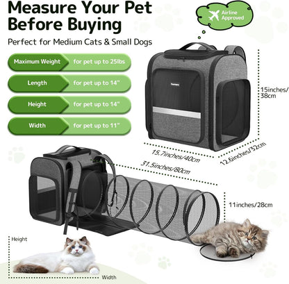 Cat Carrier Backpacks Pawtners Expandable Cat Backpack with Breathable Mesh, Pet Carrier Backpack for Cats Small Dogs Puppies Up to 25 LBS, Dog Carrier Backpack for Travel Hiking Camping Outdoor