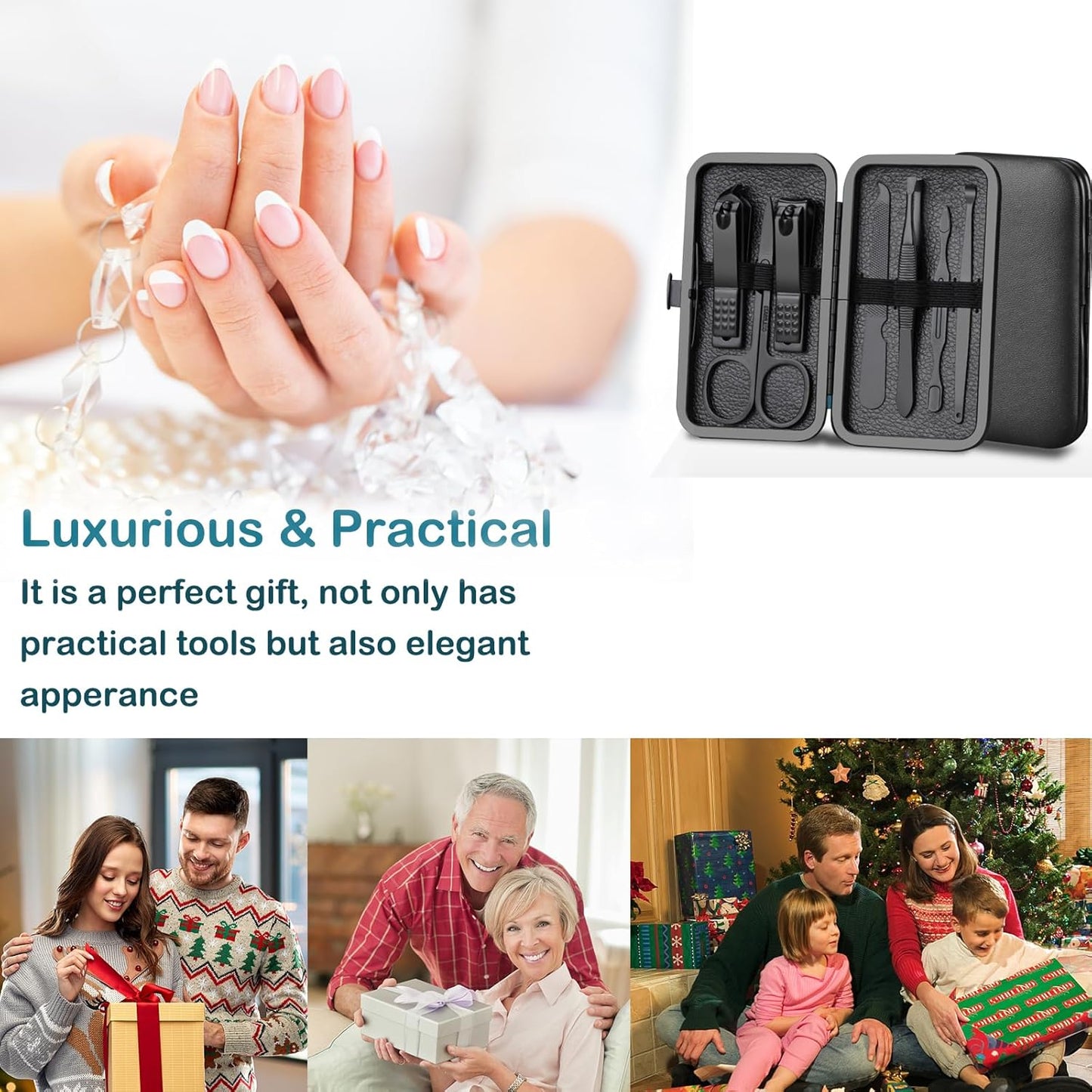 Manicure Set Nail Clippers Pedicure Kit -7PCS Stainless Steel Manicure Kit, Professional Grooming Kits, Nail Care Tools with Luxurious Travel Leather Case Gift Box (7, Black)