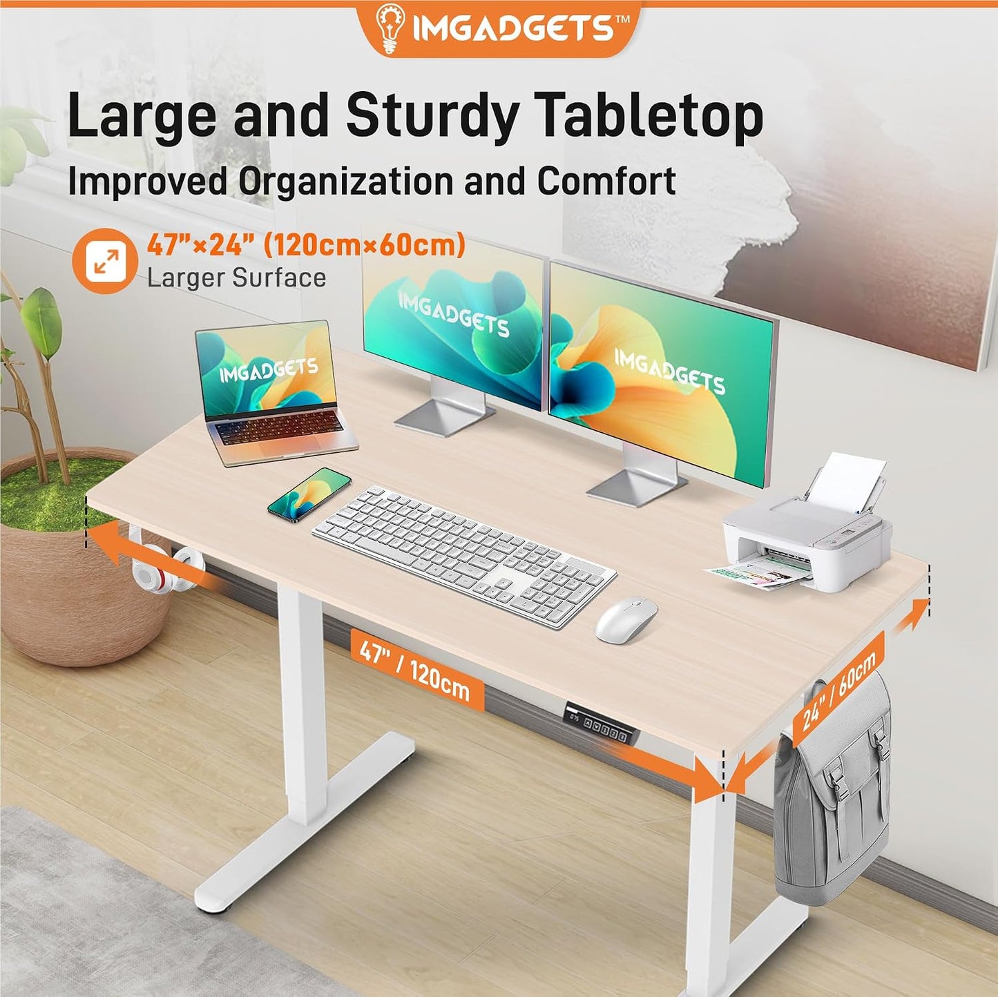IMGadgets Electric Standing Desk, 47x24 Inches Height Adjustable, 2026 6th Gen Quiet Motor Ergonomic Sit Stand Desk, Computer Desk for Home Office, Height Memory Buttons, Display, 2 Headphone Holders