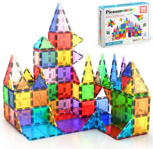 PicassoTiles 100 Piece Set 100pcs Magnet Building Tiles Clear Magnetic 3D Building Blocks Construction Playboards, Creativity beyond Imagination, Inspirational, Recreational, Educational Conventional