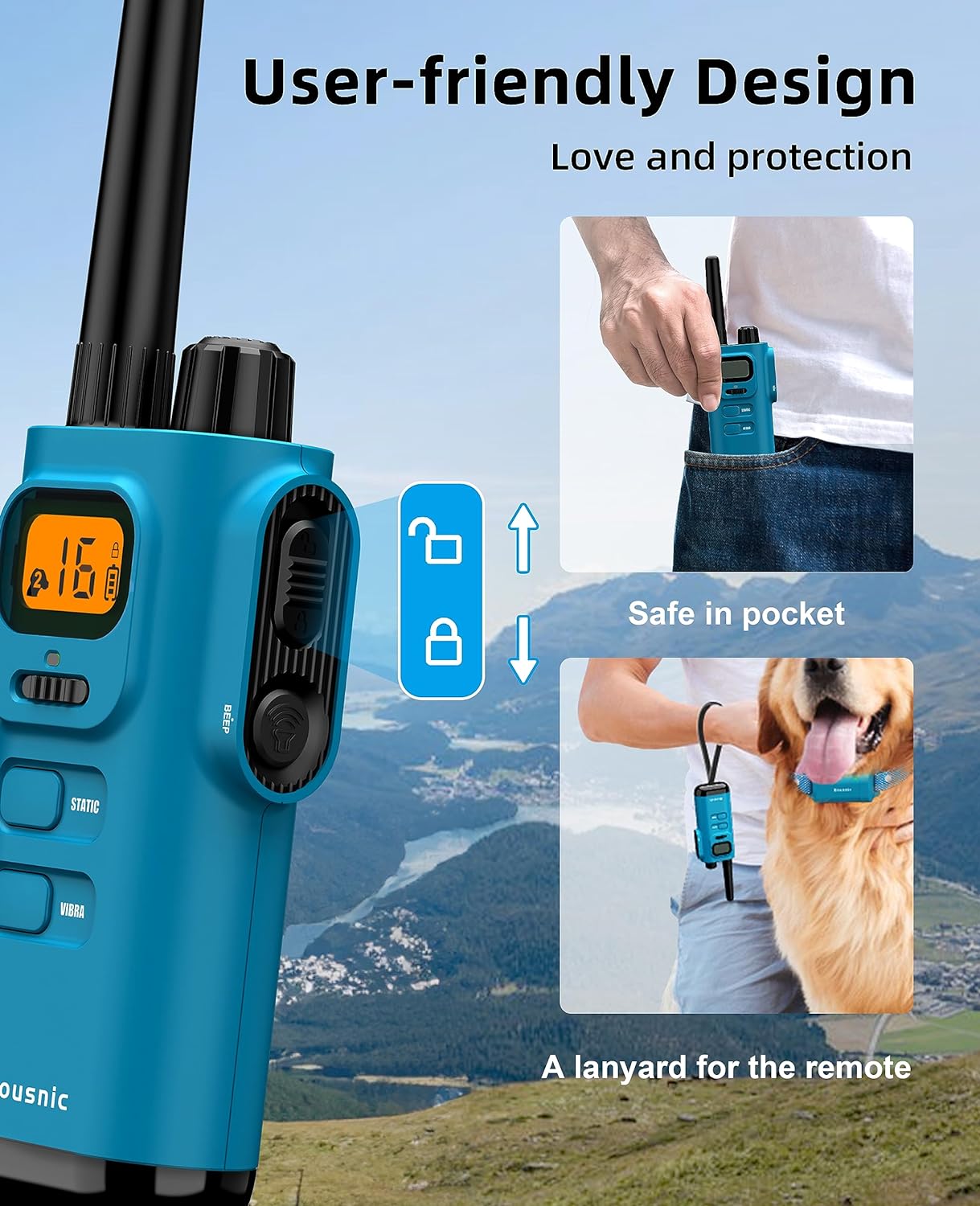 Bousnic Dog Shock Collar with Remote - [New Edition] 4000FT Dog Training Collar for Large Medium Small Dogs (8-120lbs) Waterproof Rechargeable E Collar with Beep, Vibration, Safe Shock (Bright Blue)