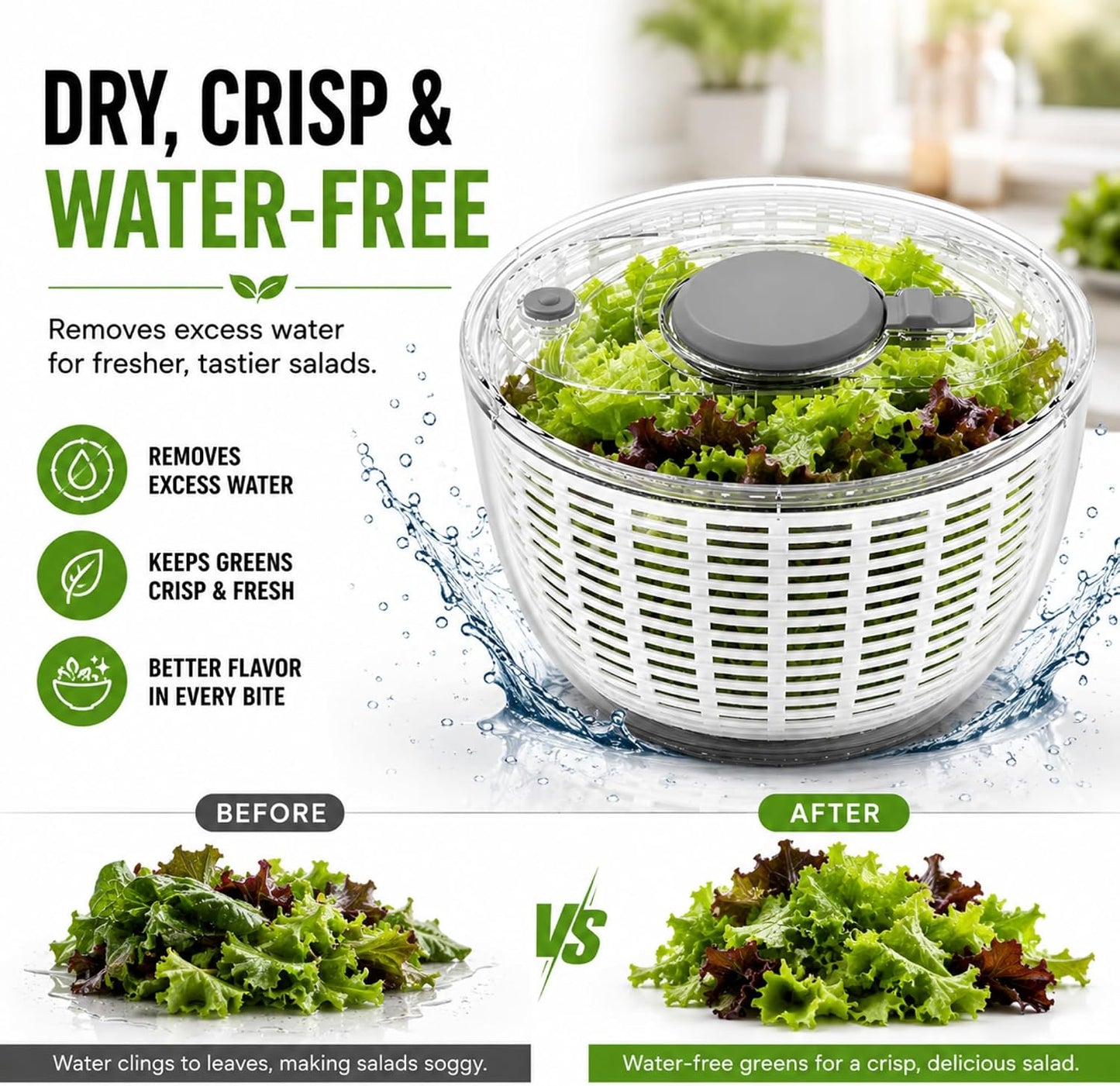 3.6L Salad Spinner – Manual Vegetable & Lettuce Dryer, Plastic Colander Bowl with Quick Spin Drain System – Kitchen Fruit & Veg Washer Dryer – 21 x 21 x 13 cm, 750g