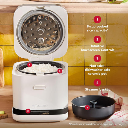 KitchenAid Compact 8 Cup Grain and Rice Cooker with Automatic Sensing and Integrated Scale, KGC2154PL, Porcelain White