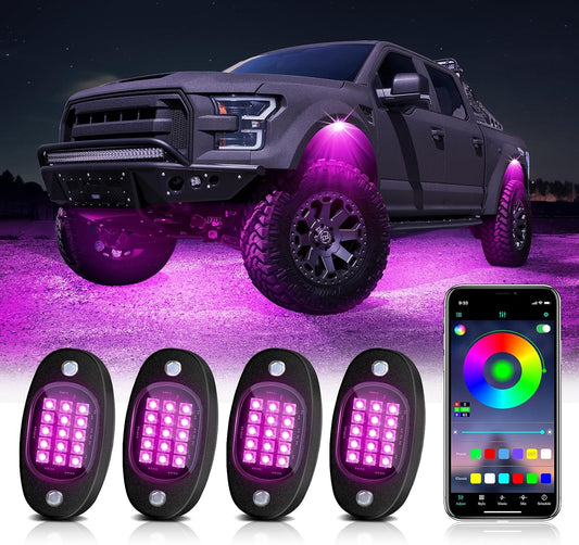 MAODANER 4 Pods RGB LED Rock Lights Kit – App-Controlled Multi-Color Underbody Neon Lights, 175° Beam, Music Mode, Waterproof for Trucks, Cars, ATV, UTV, SUV, Motorhomes