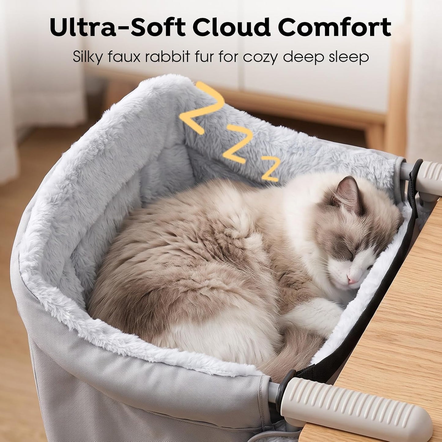 Veehoo Cat Desk Bed, Removable Washable Cats Bed for Desk | Hammock Perch Design, Soft Faux Rabbit Fur Kitten Nest, Fits Various Desktops, Maximum Hold Up to 50lb, 48 x 46 cm, Grey