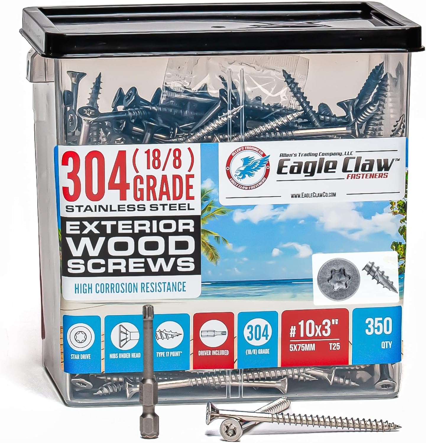 #10 x 3 Inch Stainless Steel Deck Screws 350 Pieces | T25 Star Torx Drive Flat Head | 304 Grade Stainless Steel Wood Screws High Corrosion Resistance by Allen's Trading Co. Eagle Claw Fasteners