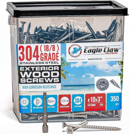 #10 x 3 Inch Stainless Steel Deck Screws 350 Pieces | T25 Star Torx Drive Flat Head | 304 Grade Stainless Steel Wood Screws High Corrosion Resistance by Allen's Trading Co. Eagle Claw Fasteners